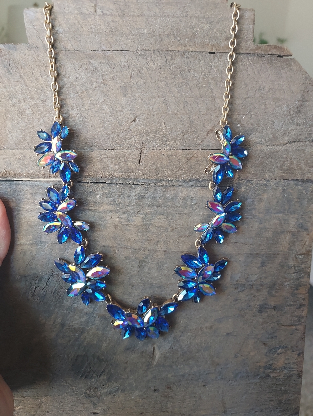 Blue Crystal Floral Statement Necklace On Brassy Gold Chain